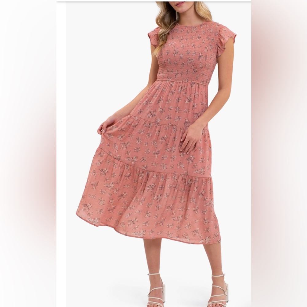Floral smocked tiered midi dress